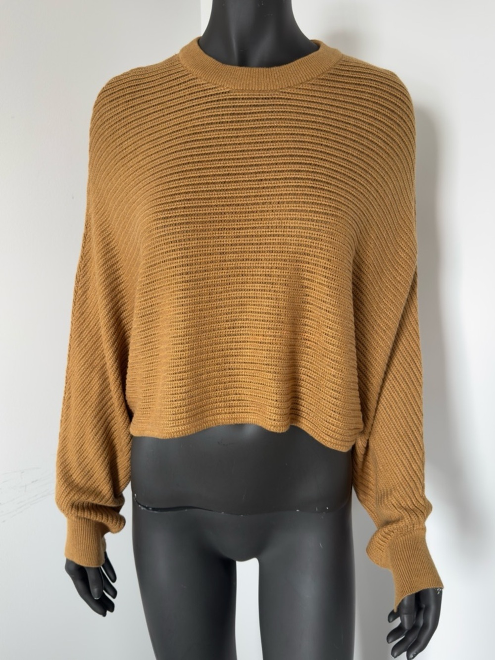 Diadora Cropped Ribbed Crew Sweater in Caramel